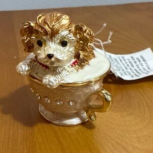 Enameled Gold and Cream Puppy Trinket/ Ring box or gift